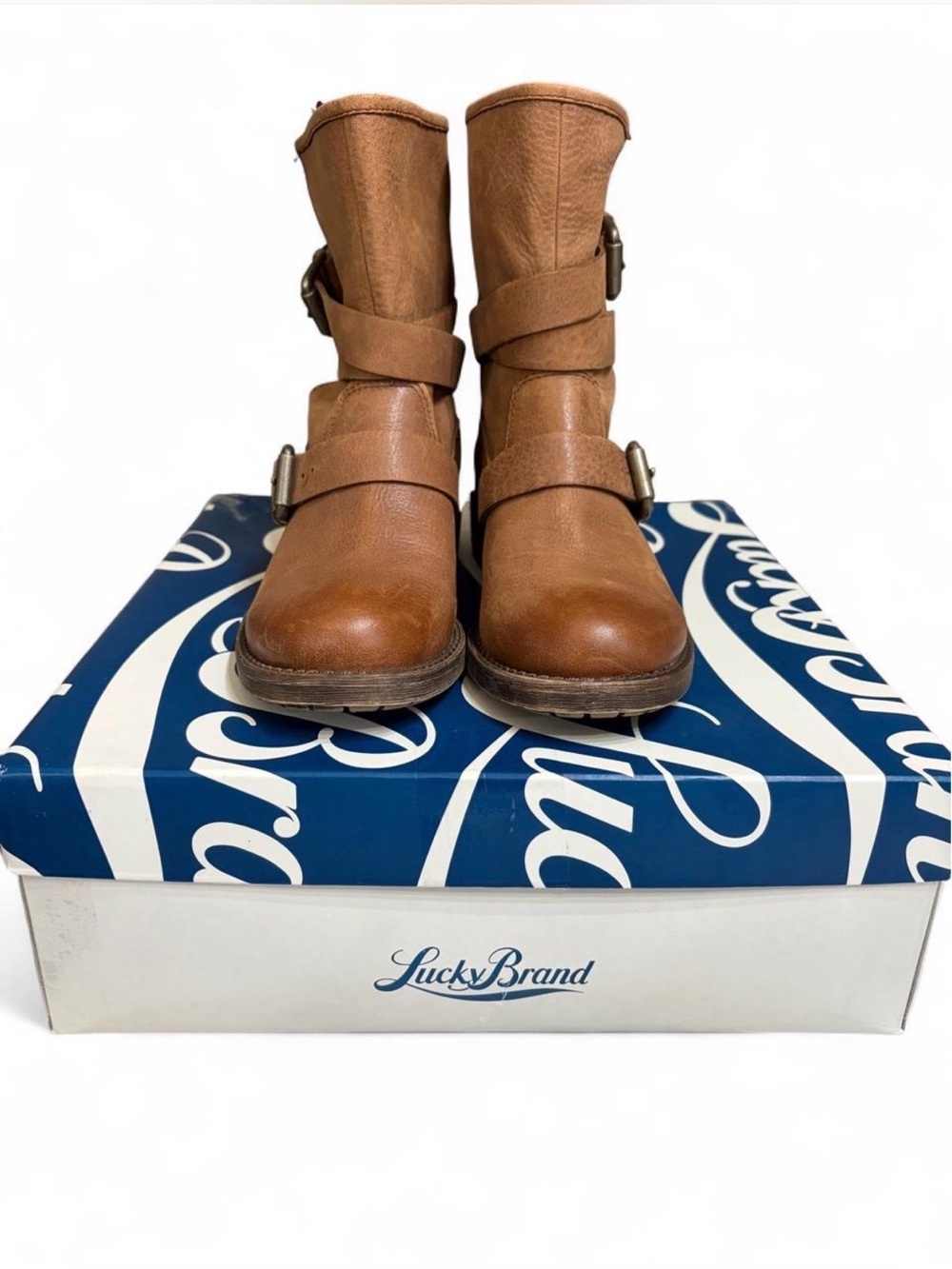 Lucky Brand Dallis Leather Moto Ankle Boots Toffee Winter Haze 7 M with Box